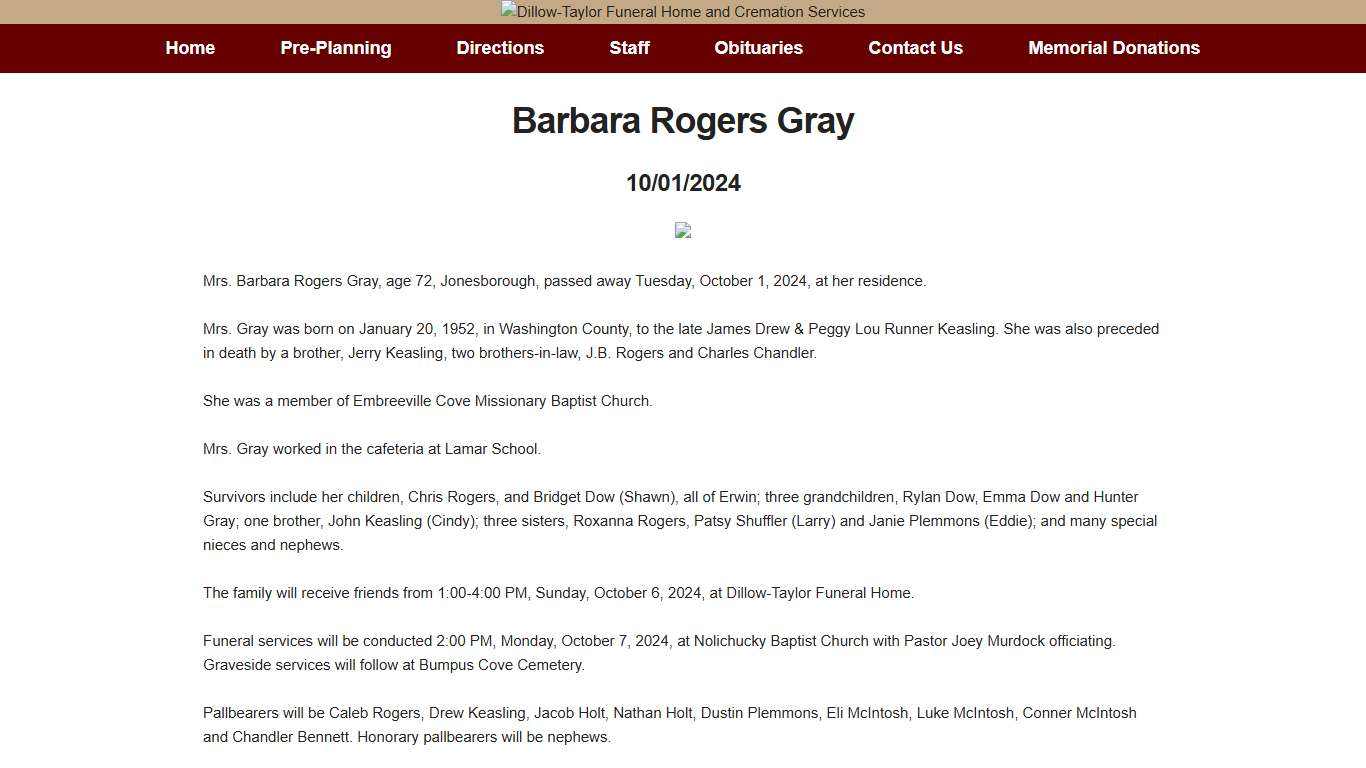 Barbara Rogers Gray Obituary - 10/01/2024 - Dillow-Taylor Funeral Home & Cremation Services, Inc.
